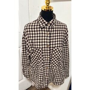 Miss Love Womens Brown Cream Gingham Plaid Oversized Flannel Shacket Size M 0234